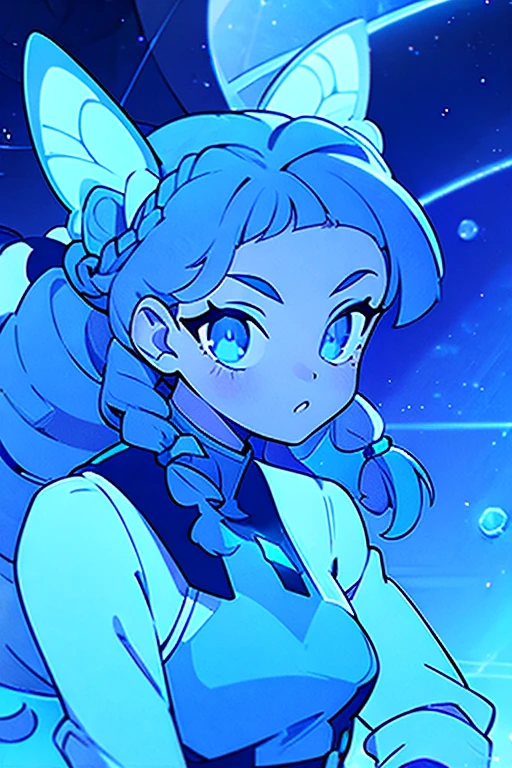 masterpiece, ultra detailed, girl, american next top model, braids & space bun hairstyle, slim thic, blue aesthetics, blue butterflies, anime, bee and puppycat style