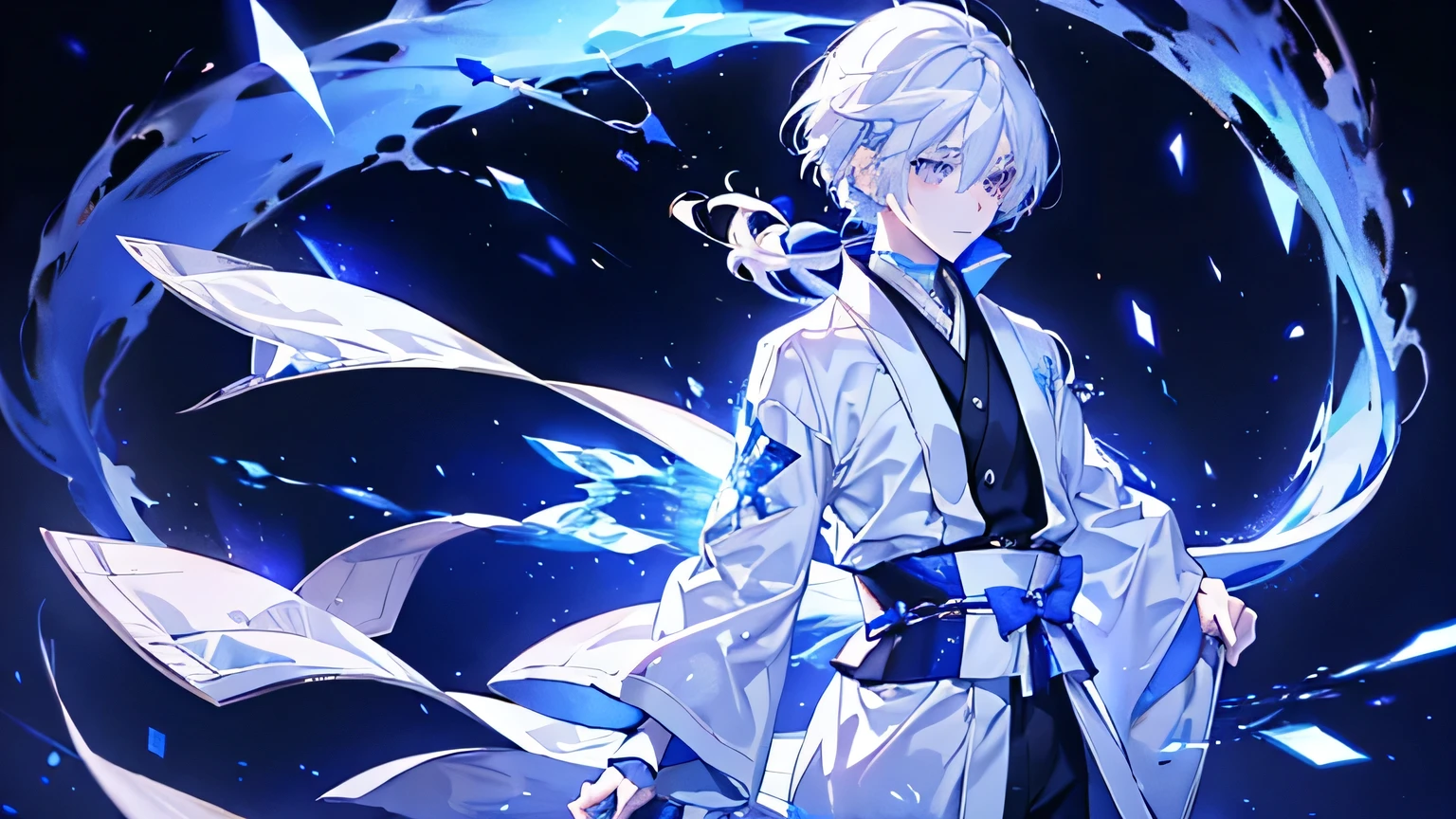 Japanese anime, boy, alone, Silvery white hair, White glass shards, crystallization, Night Sky, Winter Night, Starry Sky, Shooting Star Crossing, alone, silence, rendering, highest quality, masterpiece, whole body, Particle Light Effect, rendering