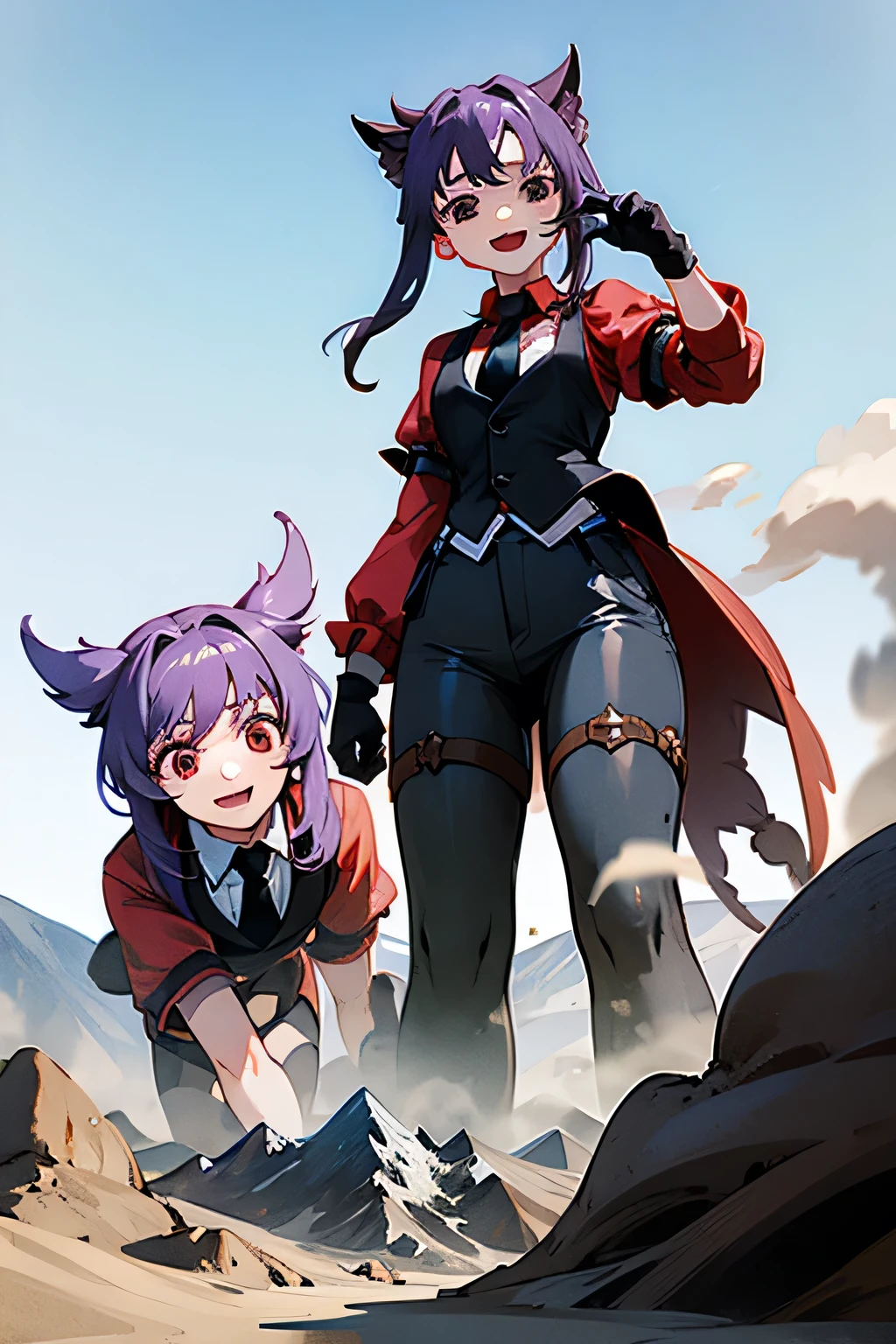 (masterpiece, best quality:1.2), 3girls, htcerberus, smile, open mouth, looking at viewer, waistcoat, red shirt, black necktie, arm garter, black vest, black gloves, black pants, giant, taller then mountain, giantess