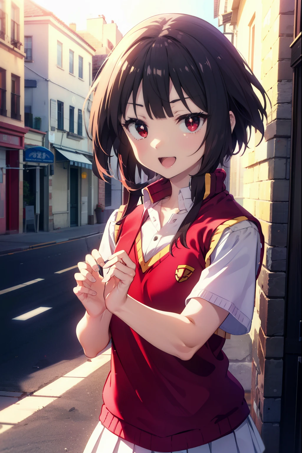konosubaMegumin, Megumin, short hair, Black Hair, (Red eyes:1.3), short hair with long locks,happy smile, smile, Open your mouth,
White Sailor Suit,Short sleeve,Sweater vest, (red Sweater vest:1.5),White Thailand,black pleated skirt,White pantyhose,Black Loafers,whole bodyがイラストに入るように,morning,morning陽,The sun is rising,Walking,
break outdoor, In town,Building district,crowd, people々々々,
break looking at viewer, whole body,
break (masterpiece:1.2), highest quality, High resolution, unity 8k wallpaper, (shape:0.8), (Beautiful and beautiful eyes:1.6), Highly detailed face, Perfect lighting, Extremely detailed CG, (Perfect hands, Perfect Anatomy),