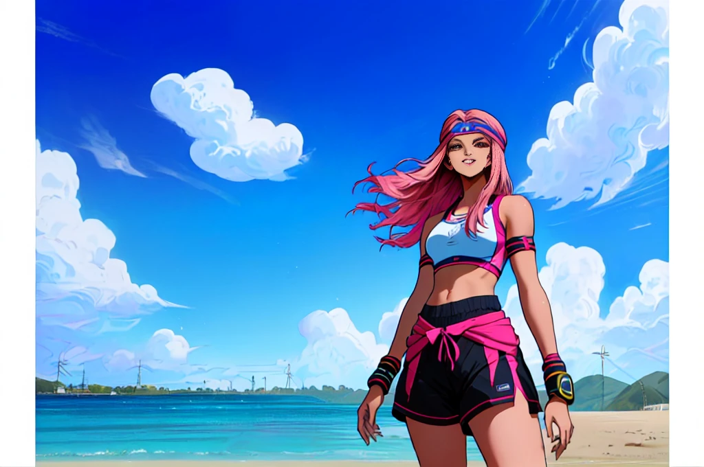 imagined a girl in extreme sport outfit playing to a flying disc game in a beach arena game sport, masterpiece, ultra-detailed, 80's anime (style), 2D, megapixel, perfectionism, full HD , 4K, (windjammers), windjammers sport game, windjammers 2 (((((solo mature anime woman,)))))++++++++++++++++++, looking at viewer, full body, brown hair and pink hair, short hair, weird hair, smile, lips, eyelashes, medium breasts, gym uniform, uniform, gym shorts, headband, sports bra, elbow pad, knee pad, extreme sports outfit 80's theme, beach background, playing flying disc game on a beach court game, sea, sun in the sky, sports wear