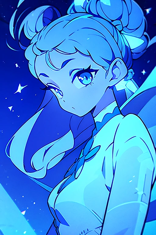 masterpiece, ultra detailed, girl, american next top model, braids & space bun hairstyle, slim thic, blue aesthetics, blue butterflies, anime, bee and puppycat style