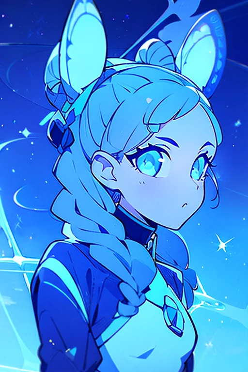 masterpiece, ultra detailed, girl, american next top model, braids & space bun hairstyle, slim thic, blue aesthetics, blue butterflies, anime, bee and puppycat style