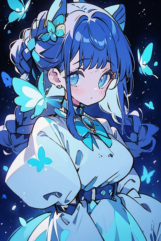masterpiece, ultra detailed, girl, american next top model, braids & space bun hairstyle, slim thic, blue aesthetics, blue butterflies, anime, bee and puppycat style