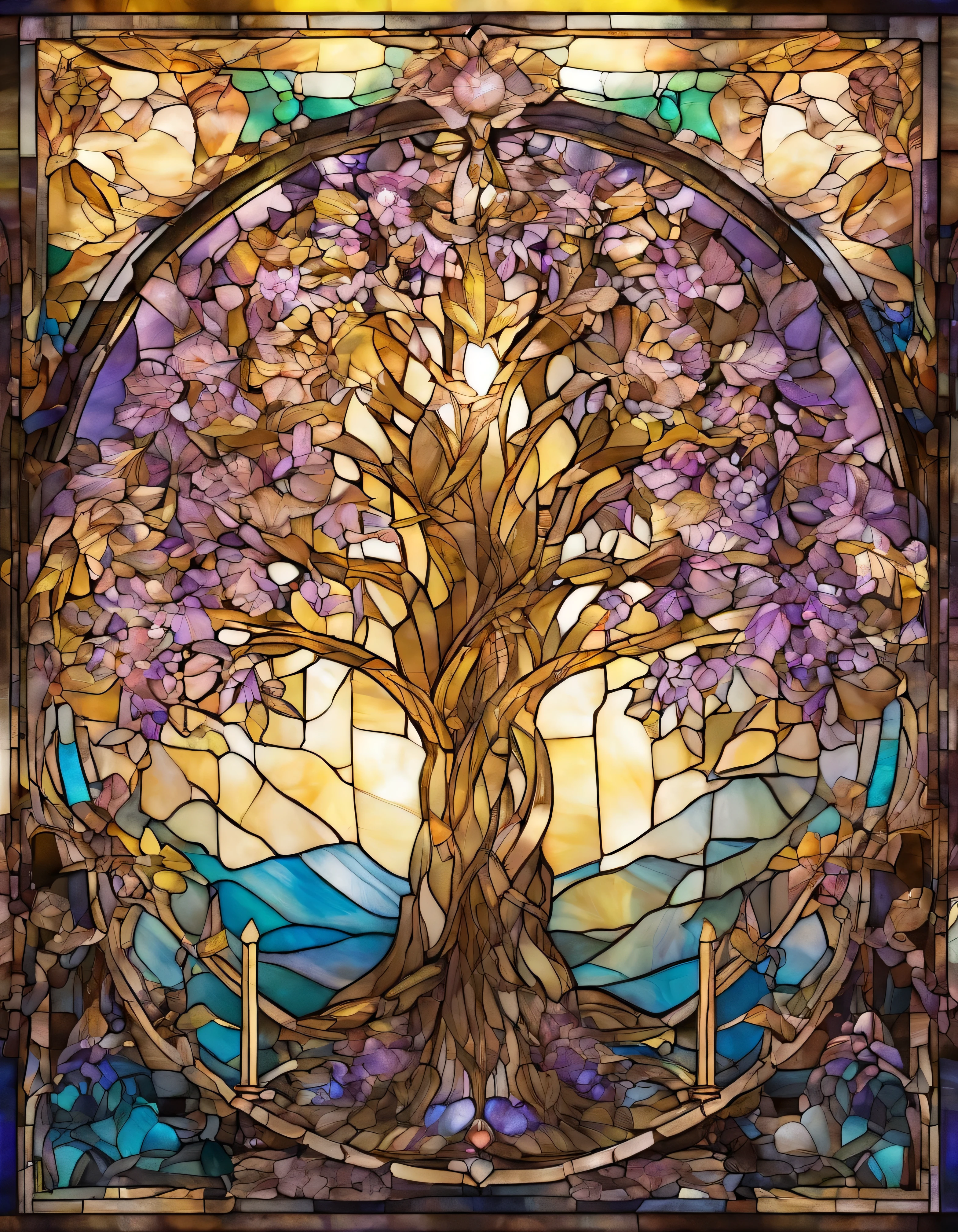 Golden Tree、 Innocence、Transparent glass、very elaborate stained glass、Amethyst Crystal, Iridescent Labradorite Crystals、Intricate and highly detailed backgrounds, Fantasy, Craftsmanship, Craftsmanship detailed, Complex