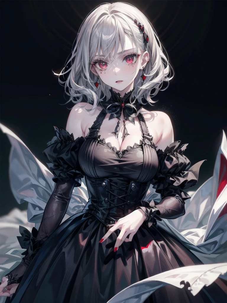 vampire woman, Victorian gothic dress, absurdres, RAW photo, extremely delicate and beautiful, masterpiece, Best Quality, ultra high resolution, 32k, hyperrealistic, ultra-detailed, detailed description, pale skin, 20 years old, tearful mole, earring, short medium hair, wavy hair, whole body shot,