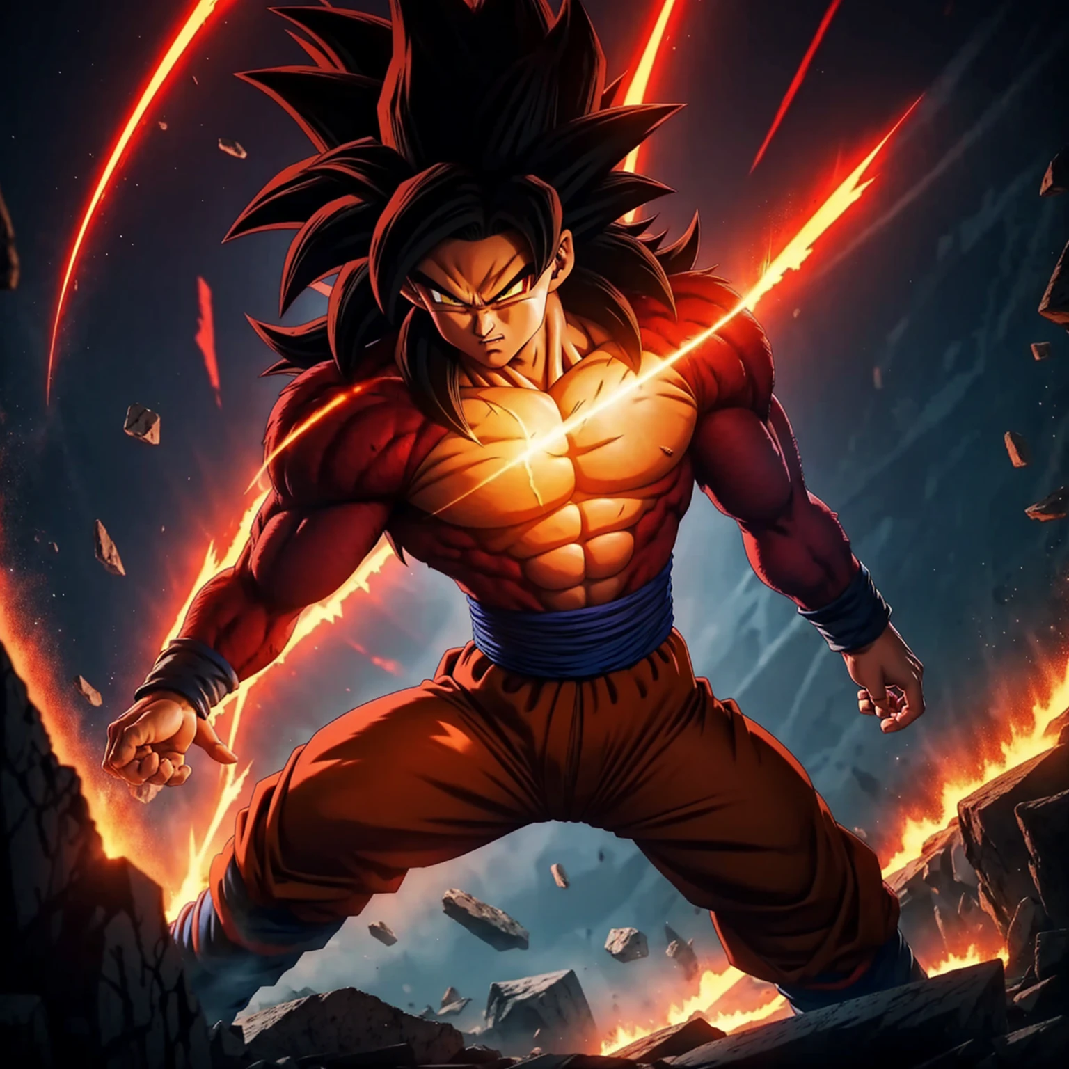 Super Saiyan 4 Goku in Dragon Ball GT features long dark hair, golden eyes with black pupils, reddish skin covered in red fur, broad shoulders, wearing red pants and no shirt, with a black belt and red boots, displaying a red tail,very details of your face . On a desolate, fiery battlefield, surrounded by shattered rocks and craters, the sky lights up with explosions of energy. ,very details,full hd resolution,high quality