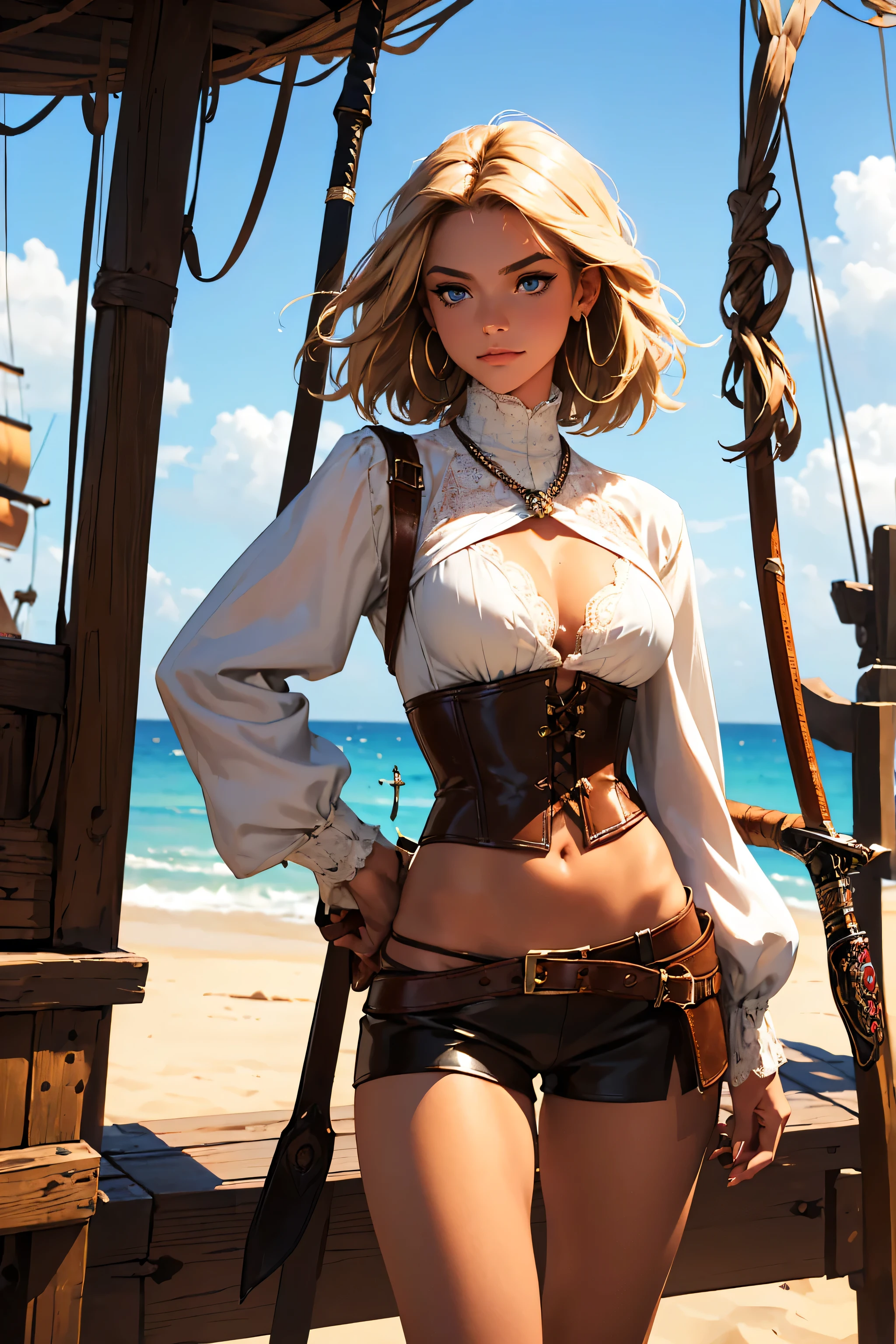 (masterpiece), best quality, expressive eyes, perfect face, (pirate ship background), (standing), (smirk), (closeup view), (1girl, selt, dark skin, tanned skin, short blonde hair, boho bob hairstyle, blue eyes, hourglass figure, thin body, skinny body, petite_body, large breasts, thick thighs, long fingernails,, white front lace blouse, long sleeve, loose fit, brown leather corset, brown leather shorts, brown boots, sheathed cutlass sword, flintlock pistol in holster, hoop earrings, miscellaneous jewelry)