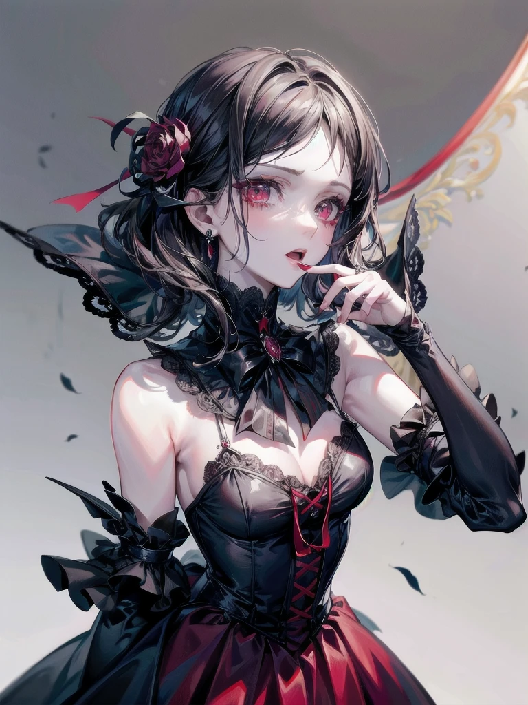 vampire woman, Victorian dress, absurdres, RAW photo, extremely delicate and beautiful, masterpiece, Best Quality, ultra high resolution, 32k, hyperrealistic, ultra-detailed, detailed description, pale skin, 20 years old, tearful mole, earring, short medium hair, wavy hair, full body shot,