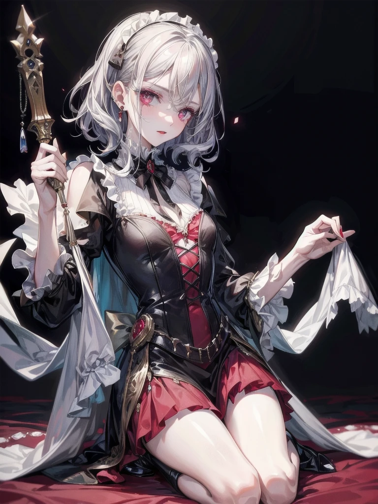 vampire woman, Victorian dress, absurdres, RAW photo, extremely delicate and beautiful, masterpiece, Best Quality, ultra high resolution, 32k, hyperrealistic, ultra-detailed, detailed description, pale skin, 20 years old, tearful mole, earring, short medium hair, wavy hair, full body shot,