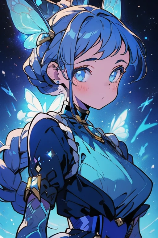 masterpiece, ultra detailed, girl, american next top model, braids & space bun hairstyle, slim thic, blue aesthetics, blue butterflies, anime, bee and puppycat style