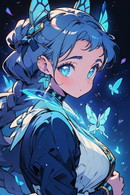 masterpiece, ultra detailed, girl, american next top model, braids & space bun hairstyle, slim thic, blue aesthetics, blue butterflies, anime, bee and puppycat style