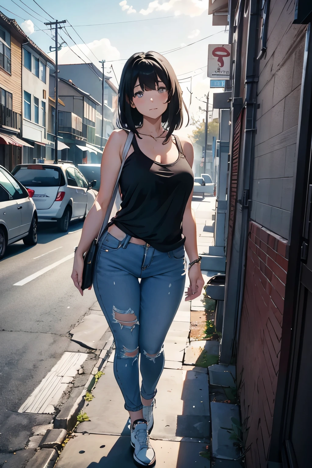 In the gloomy backdrop of a cloud-filled sky, two individuals find themselves in a poignant moment. The first, a young girl with delicate white hair, her expression tinged with a sense of sorrow and her stature clothed in an oversized shirt and jeans, sits on the concrete steps. The second, a captivating woman in her mid-twenties, her raven-black hair cascading down her back, smiles warmly yet anxiously as she gazes upwards at the girl. Her loose tank top reveals no underwear, accentuating her voluptuous figure, contrasting starkly with the first girl's small stature and breasts. The dynamic du