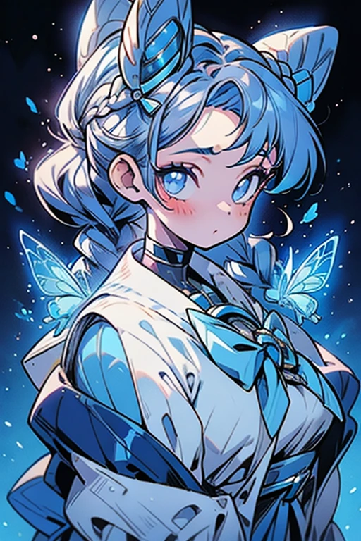 masterpiece, ultra detailed, girl, american next top model, braids & space bun hairstyle, slim thic, blue aesthetics, blue butterflies, anime, bee and puppycat style