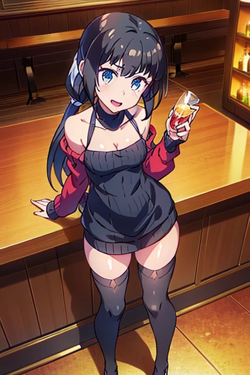 (from above:1.2),(from side:0.9), ((Face)), (Close-Up:0.4), masterpiece,"A 26-year-old girl stands at a bar counter. She is dressed in a stylish off-shoulder dress, sweater dress, off-shoulder sweater, red sweater,garter stocking, midriff, red skirts, black thighhighs, thigh strap, pretty girl, (highly detailed beautiful face and eyes,firm ),real skin,((black,hair,long pony tail hair)),thin pubic hair,cute and lovely pose, detailed eyes, This masterpiece is only visually stunning but also tells,(double breasted:0.6,under :0.6,:1.1,),(small :1.2),( :1.1), (pointed :1.3), medium , glamorous body,(with sparkling eyes and a contagious smile),open mouth. The bar is beautiful, with colorful bottles of alcohol in the background and a soft glow from neon lights. The atmosphere is relaxed, and the girl looks confident and fashionable.",full body,  pose,make a cocktail , in a bar counter, Looking at Viewer, 
