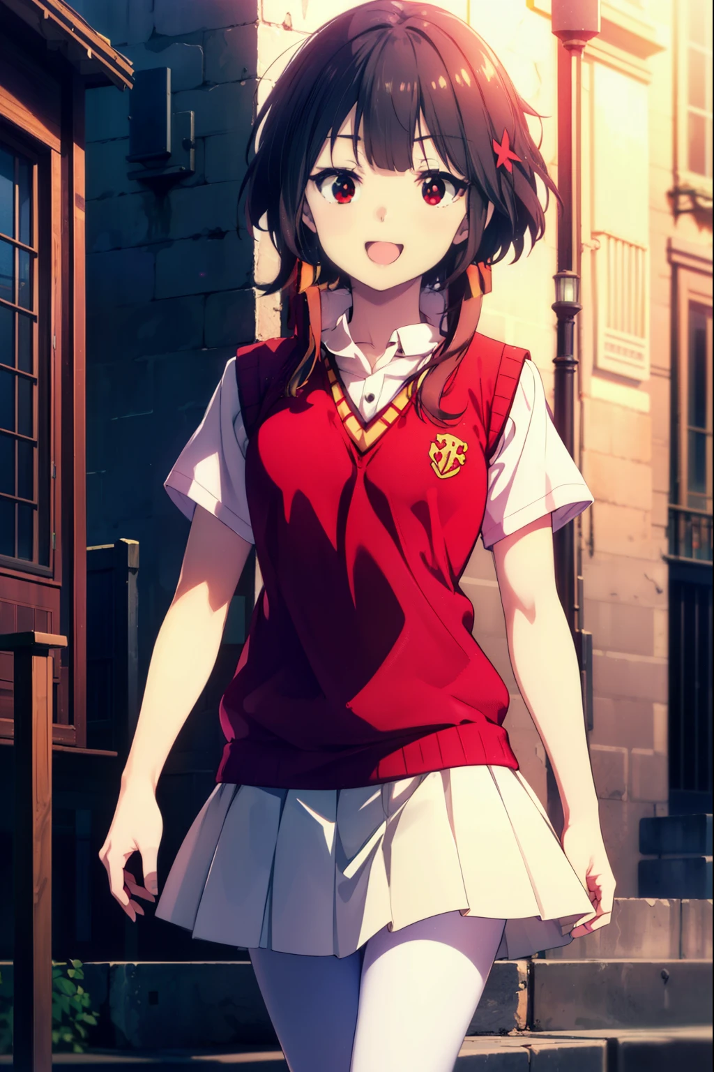 konosubaMegumin, Megumin, short hair, Black Hair, (Red eyes:1.3), short hair with long locks,happy smile, smile, Open your mouth,
White Sailor Suit,Short sleeve,Sweater vest, (red Sweater vest:1.5),White Thailand,black pleated skirt,White pantyhose,Black Loafers,whole bodyがイラストに入るように,morning,morning陽,The sun is rising,Walking,
break outdoor, In town,Building district,crowd, people々々々,
break looking at viewer, whole body,
break (masterpiece:1.2), highest quality, High resolution, unity 8k wallpaper, (shape:0.8), (Beautiful and beautiful eyes:1.6), Highly detailed face, Perfect lighting, Extremely detailed CG, (Perfect hands, Perfect Anatomy),