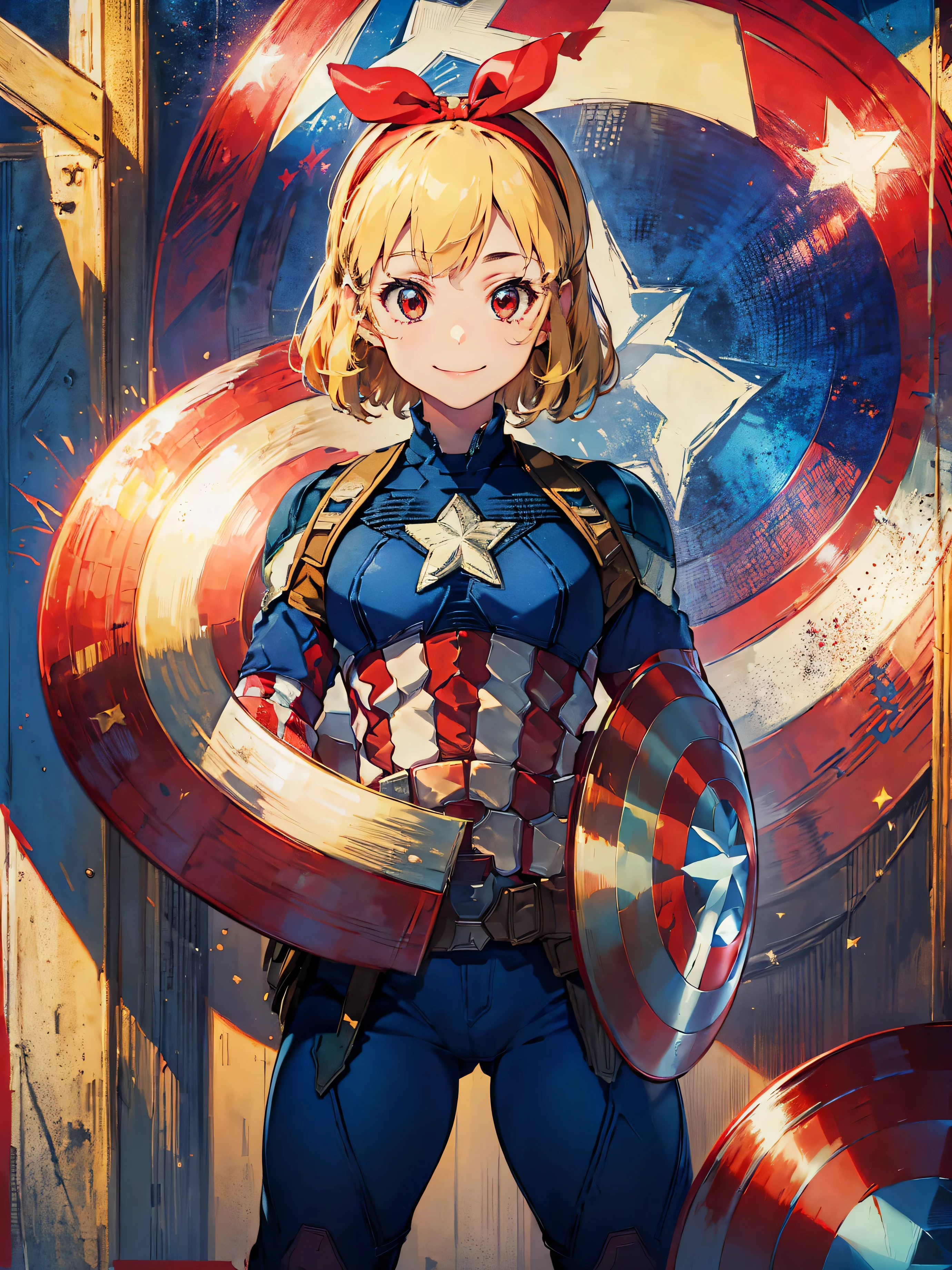 Blonde HAIR,(nsfw:0.7),(RED Ribbon on HAIRband:1.2),(Masterpiece, Superb Quality, Super Detailed, High Resolution), Female Focus, , (Captain America Suit:1.5), (Hands on Hips), (((Solo))), School, Background Detail, Smile