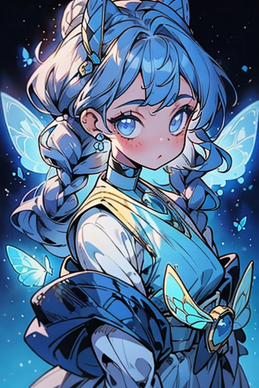 masterpiece, ultra detailed, girl(afrocentric), american next top model, braids & space bun hairstyle, slim thic, blue aesthetics, blue butterflies, anime, bee and puppycat style