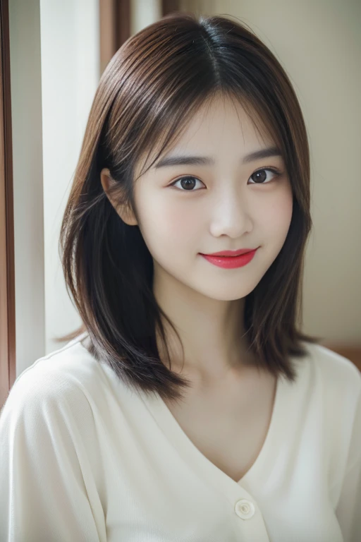 1girl, bightly smile red lip japanese girl sitting on the bed, in the hotelroom, girl wearing white crop shirts and colorful dolphin shorts, (masterpiece), (best quality), highres, Japanese girl, 8k, (realistic, photo-realistic:1.4), (Looks like Japanese actress:1.2), ((beauty 22 year old)), naturalness, ultra detailed, physically-based rendering, beauty, detailed beautiful eyes and detailed face, delicate facial features, red lips, brightly smile, Glamor body type, flim grain, perfect dynamic composition, beautiful detailed eyes, (big breasts:1.3), (clean Makeup), (Clean facial skin:1.2),