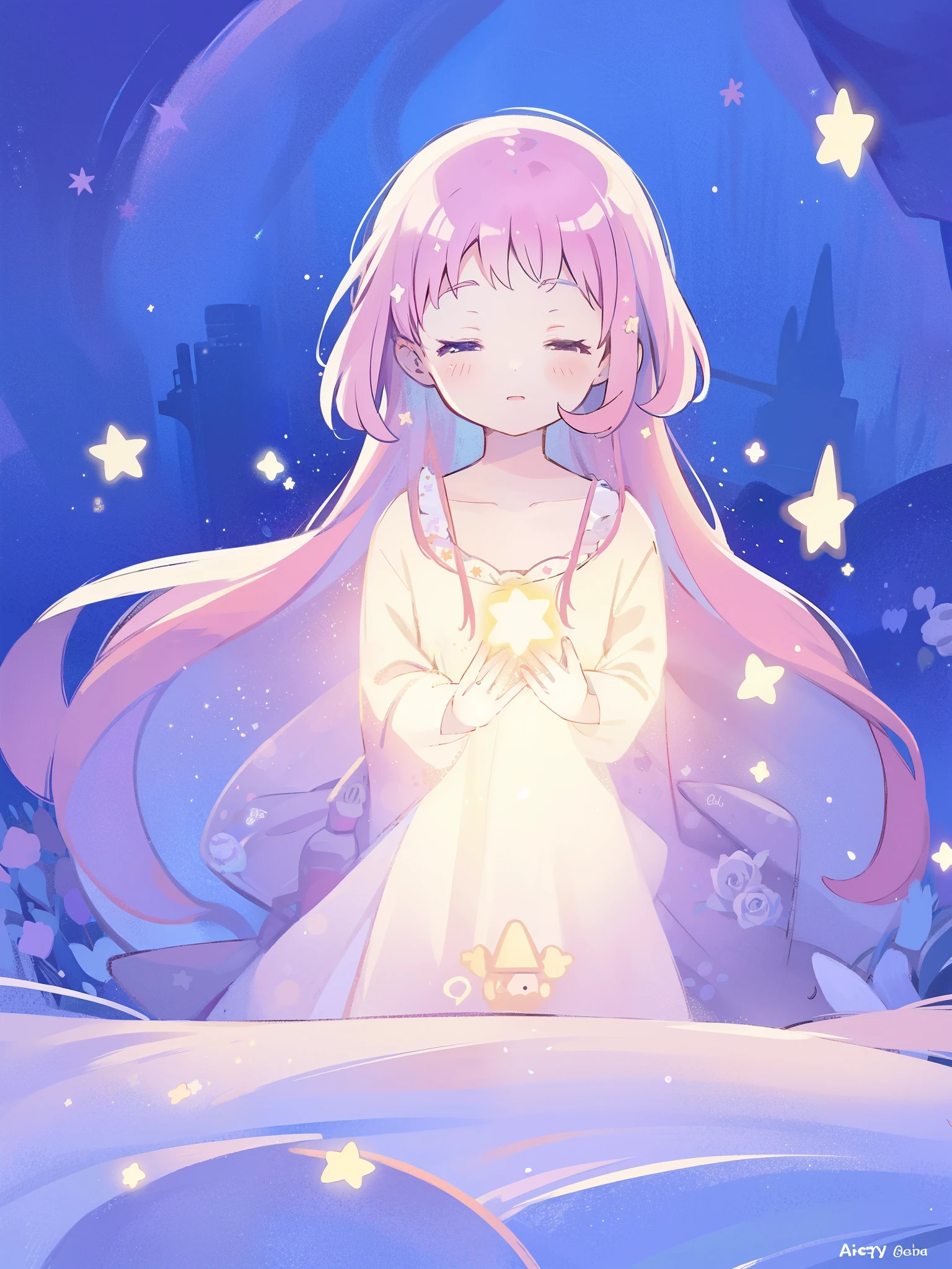 complex background, wishing star background, a woman wearing an ethereal mystical pink translucent dress that reflects the stars, perfume promo art, mystic, complex drawing, highly detailed, Covergirl brand, promo art, artistic rendition, ethereal, starry night, midjourney style