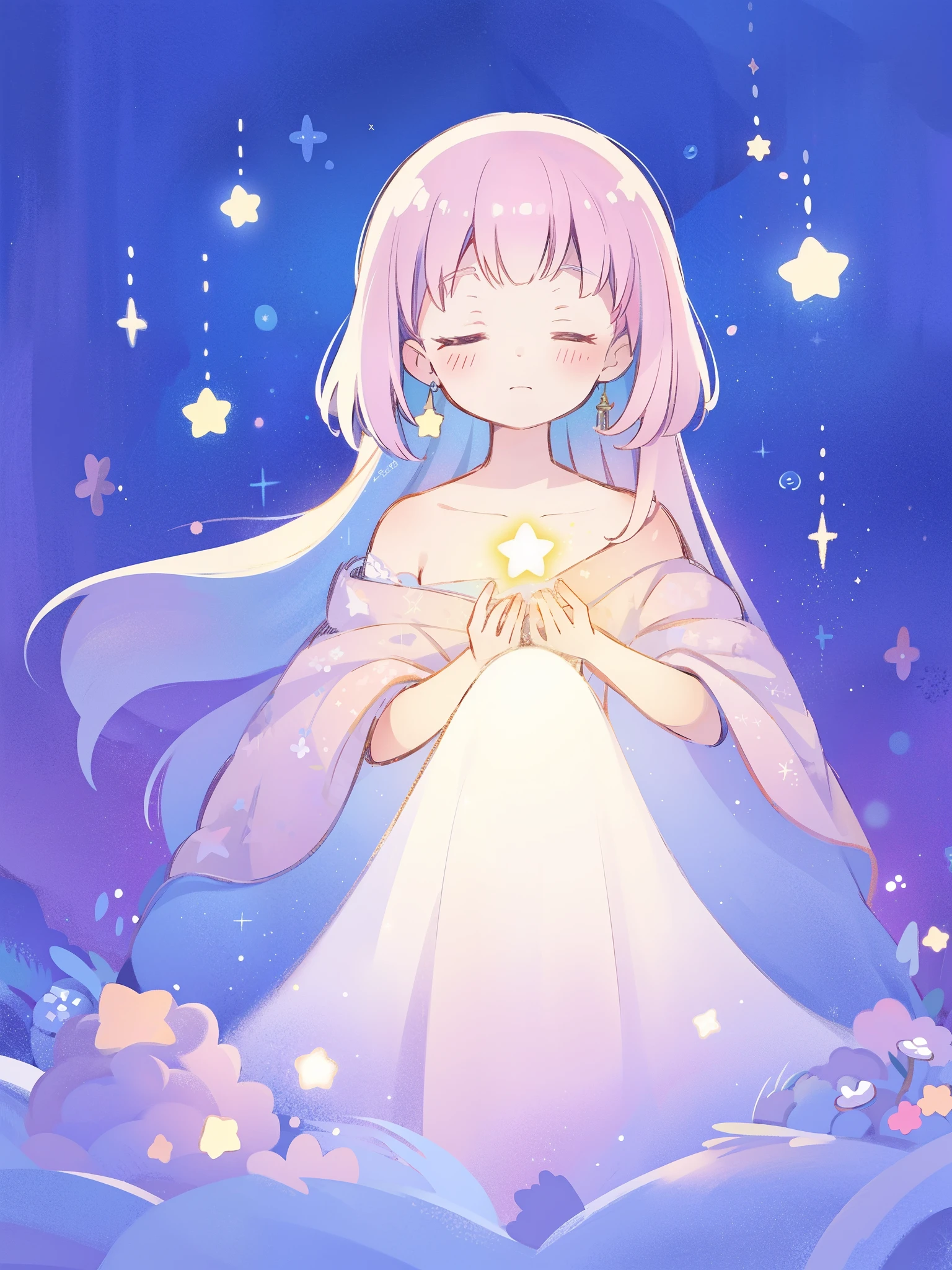 complex background, wishing star background, a woman wearing an ethereal mystical pink translucent dress that reflects the stars, perfume promo art, mystic, complex drawing, highly detailed, Covergirl brand, promo art, artistic rendition, ethereal, starry night, midjourney style