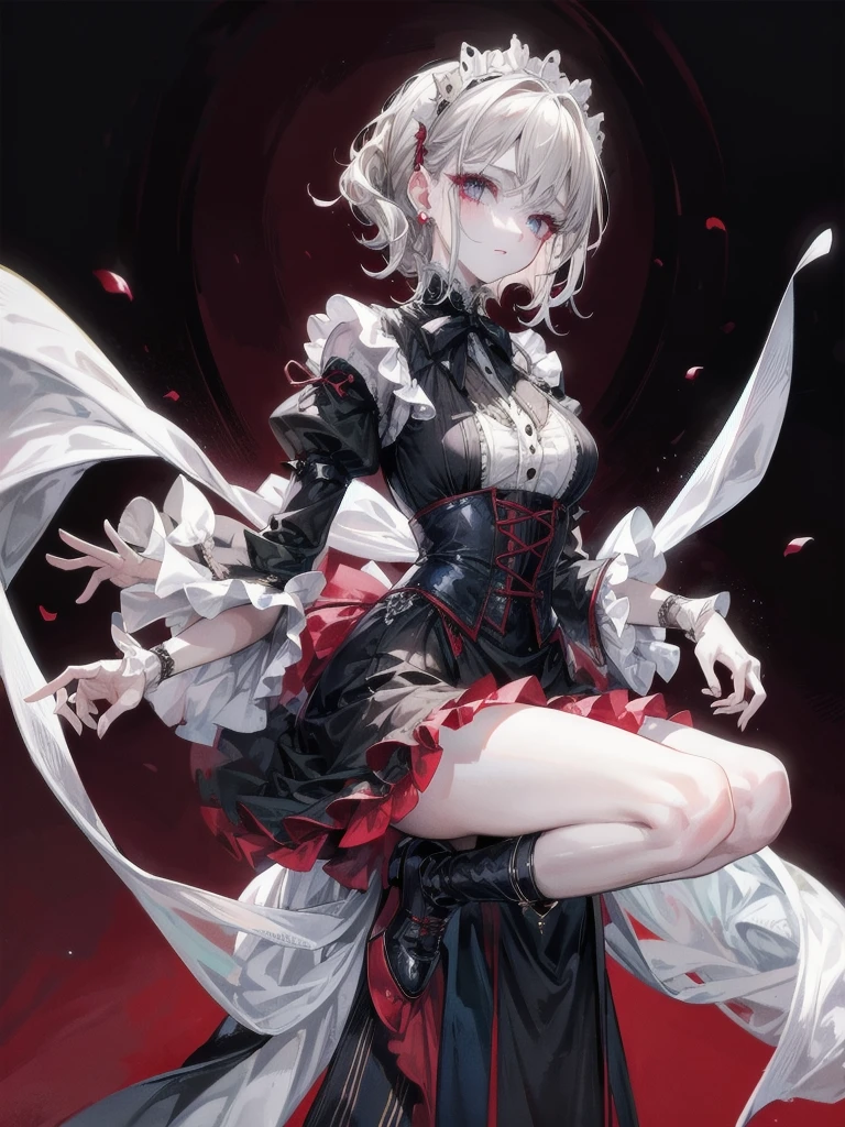 vampire woman, Victorian dress, absurdres, RAW photo, extremely delicate and beautiful, masterpiece, Best Quality, ultra high resolution, 32k, hyperrealistic, ultra-detailed, detailed description, pale skin, 20 years old, tearful mole, earring, short medium hair, wavy hair, full body shot,