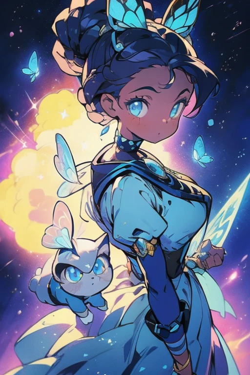 masterpiece, ultra detailed, girl(afrocentric), american next top model, braids & space bun hairstyle, slim thic, blue aesthetics, blue butterflies, anime, bee and puppycat style