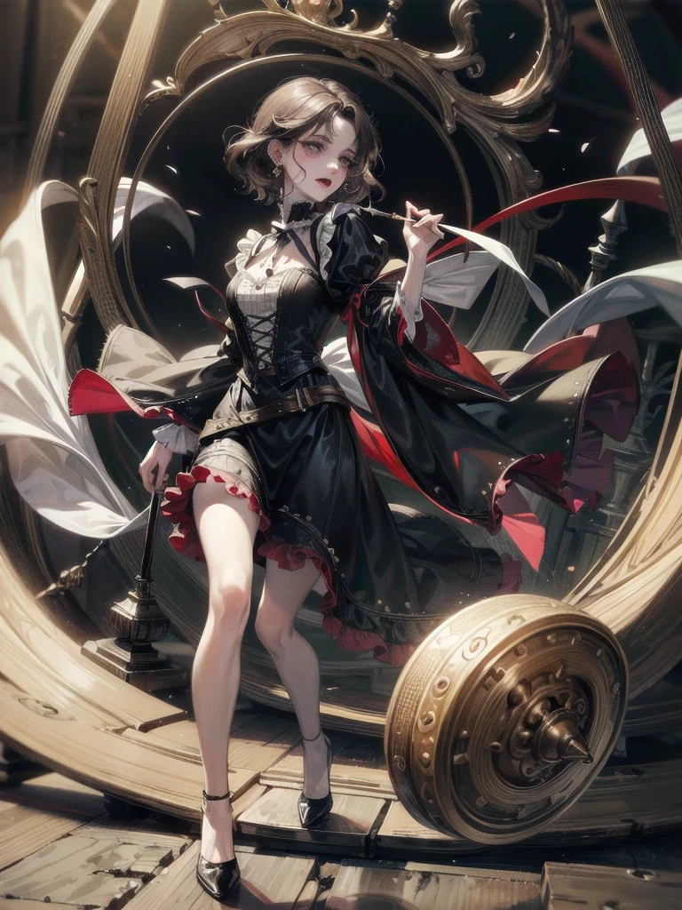 vampire woman, Victorian dress, absurdres, RAW photo, extremely delicate and beautiful, masterpiece, Best Quality, ultra high resolution, 32k, hyperrealistic, ultra-detailed, detailed description, pale skin, 20 years old, tearful mole, earring, short medium hair, wavy hair, full body shot,