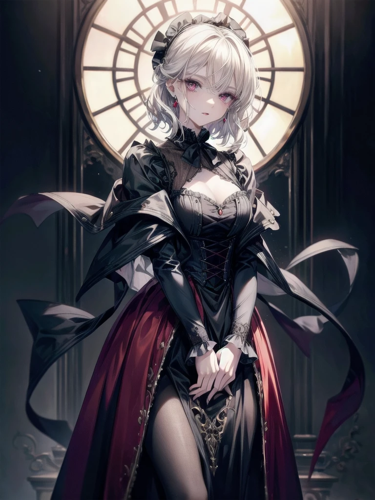 vampire woman, Victorian dress, absurdres, RAW photo, extremely delicate and beautiful, masterpiece, Best Quality, ultra high resolution, 32k, hyperrealistic, ultra-detailed, detailed description, pale skin, 20 years old, tearful mole, earring, short medium hair, wavy hair, full body shot,