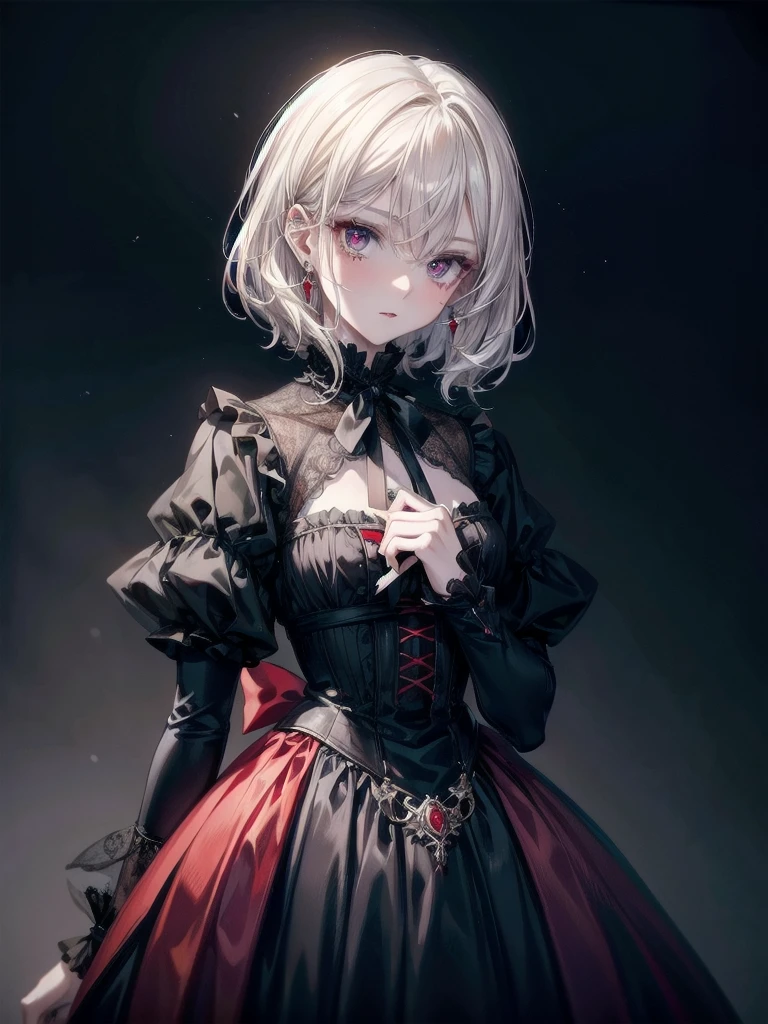 vampire woman, Victorian dress, absurdres, RAW photo, extremely delicate and beautiful, masterpiece, Best Quality, ultra high resolution, 32k, hyperrealistic, ultra-detailed, detailed description, pale skin, 20 years old, tearful mole, earring, short medium hair, wavy hair, full body shot,