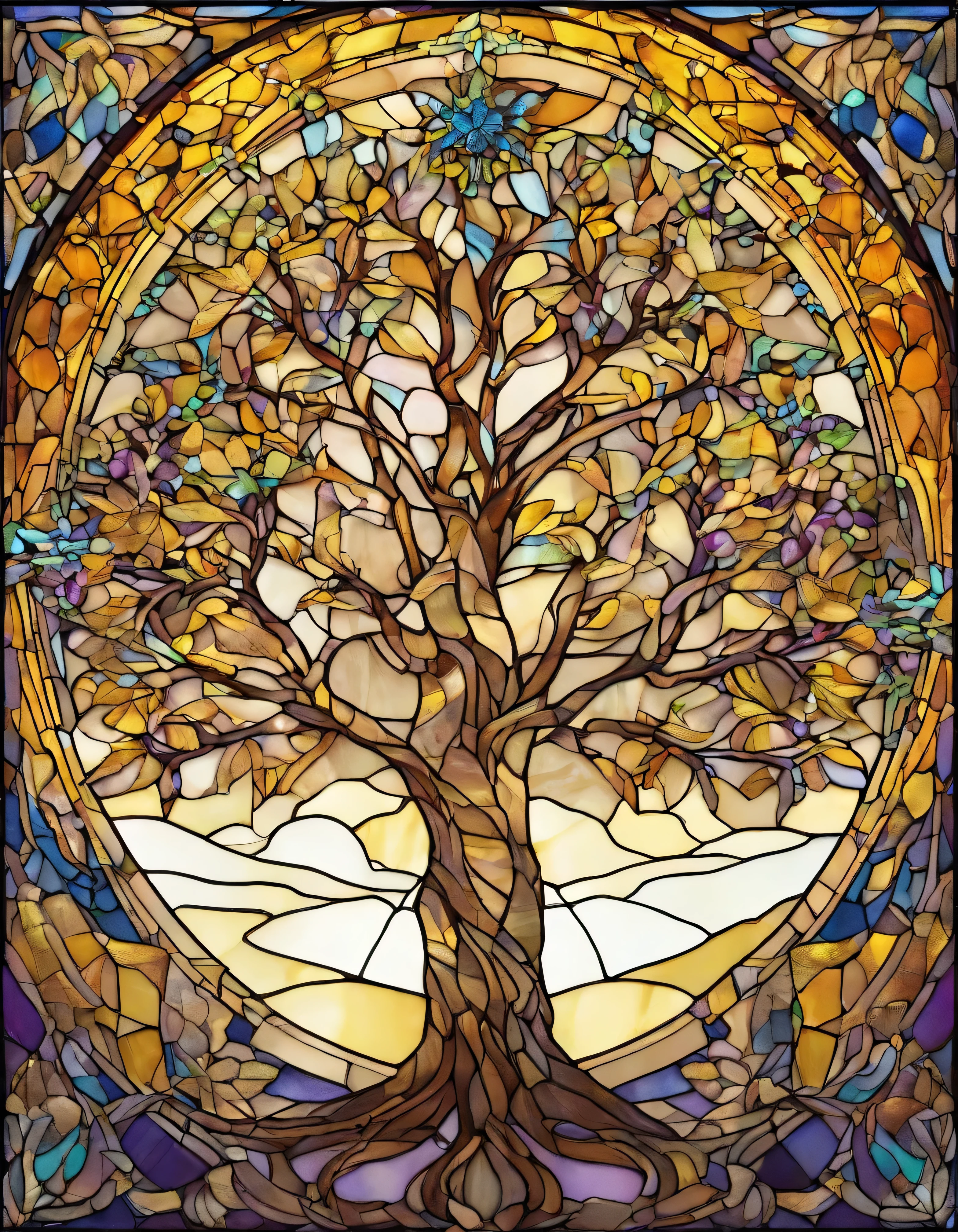 Golden Tree、 Innocence、Transparent glass、very elaborate stained glass、Amethyst Crystal, Iridescent Labradorite Crystals、Intricate and highly detailed backgrounds, Fantasy, Craftsmanship, Craftsmanship detailed, Complex