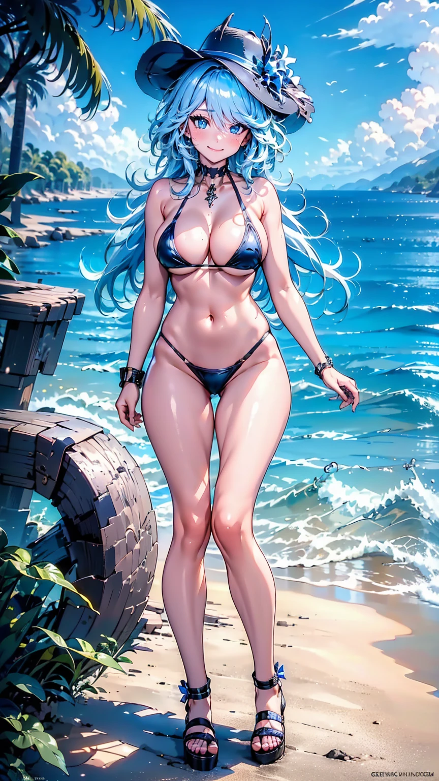 ((masterpiece, high resolution, better quality, better details)), (anime), one woman on the beach standing, ((toothy smile)), ((royal blue micro bikini with black details)), ((thong bikini)), cleavage, platform high heels, black neck choker, large straw hat, white hair with blue highlights, shiny skin, ((slender body)), front view, beach landscape, ((full body)), wide hips, slim waist, big breasts,