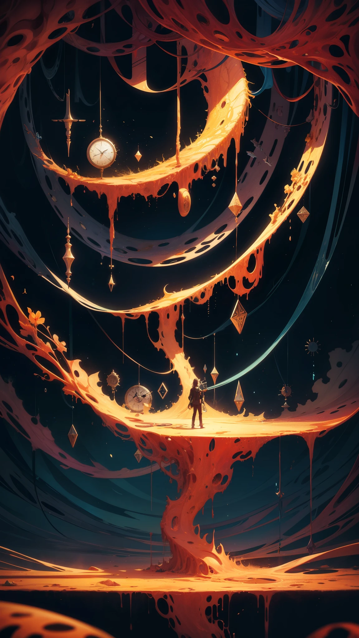 A surrealistic dreamscape painted in the style of Salvador Dal, featuring melting clocks draped over twisted landscapes and floating objects, creating a sense of distorted reality and subconscious exploration. score_9, score_8_up, score_7_up, zPDXL
