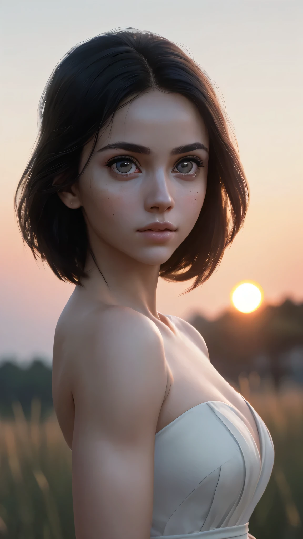 (masterpiece), (Very complicated:1.3), (Realistic), Portrait of a Girl,Big Eyes、Drooping eyes、 The most beautiful in the world,, White skin、delicate、 Upper Body, Outdoor, Strong sunlight, Detailed professional photos of beautiful women, Sharp focus, Cinema Lighting, Octane Rendering Unreal Engine, Volumetrics dtx, (Film Grain, Blurred Background,, Depth of written boundary, sunset