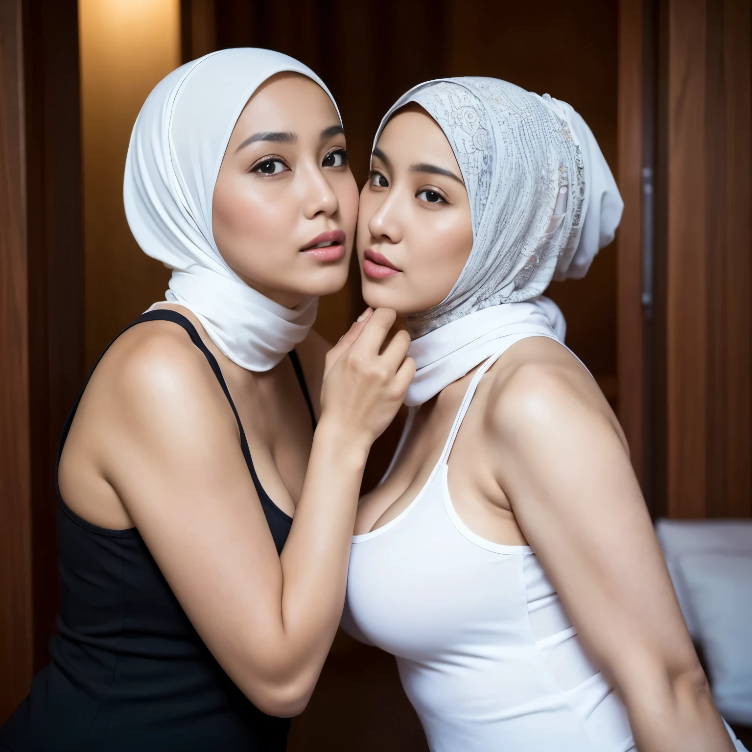 " 2woman, 35 Years Old, Hijab Indonesian MILF, Lesbian Scene, Tank Top, big breast, full body, tall curvy body, sharing Passionate touching cheek"