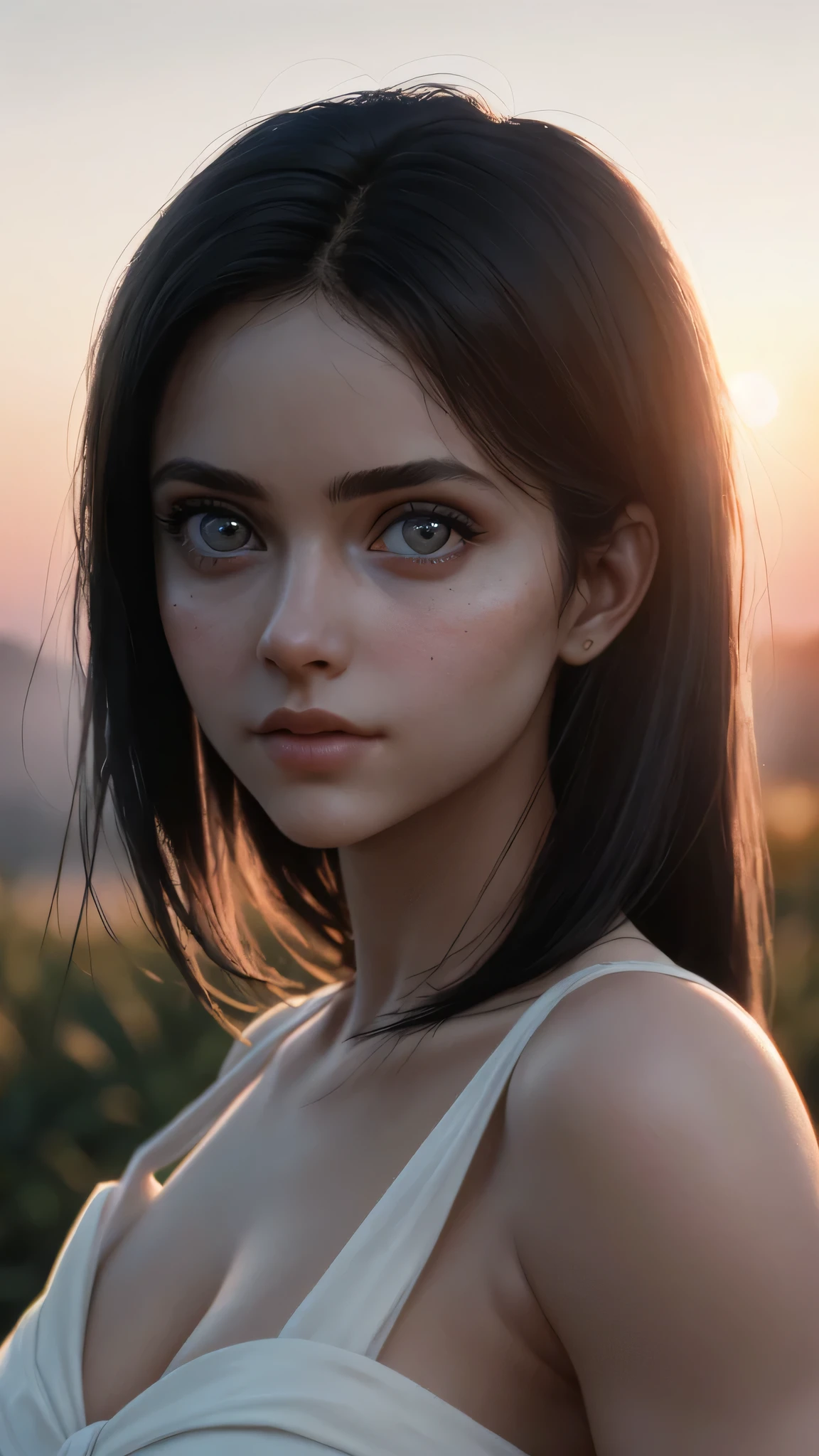 (masterpiece), (Very complicated:1.3), (Realistic), Portrait of a Girl,Big Eyes、Drooping eyes、 The most beautiful in the world,, White skin、delicate、 Upper Body, Outdoor, Strong sunlight, Detailed professional photos of beautiful women, Sharp focus, Cinema Lighting, Octane Rendering Unreal Engine,  Volumetrics dtx, (Film Grain, Blurred Background,, Depth of written boundary, sunset