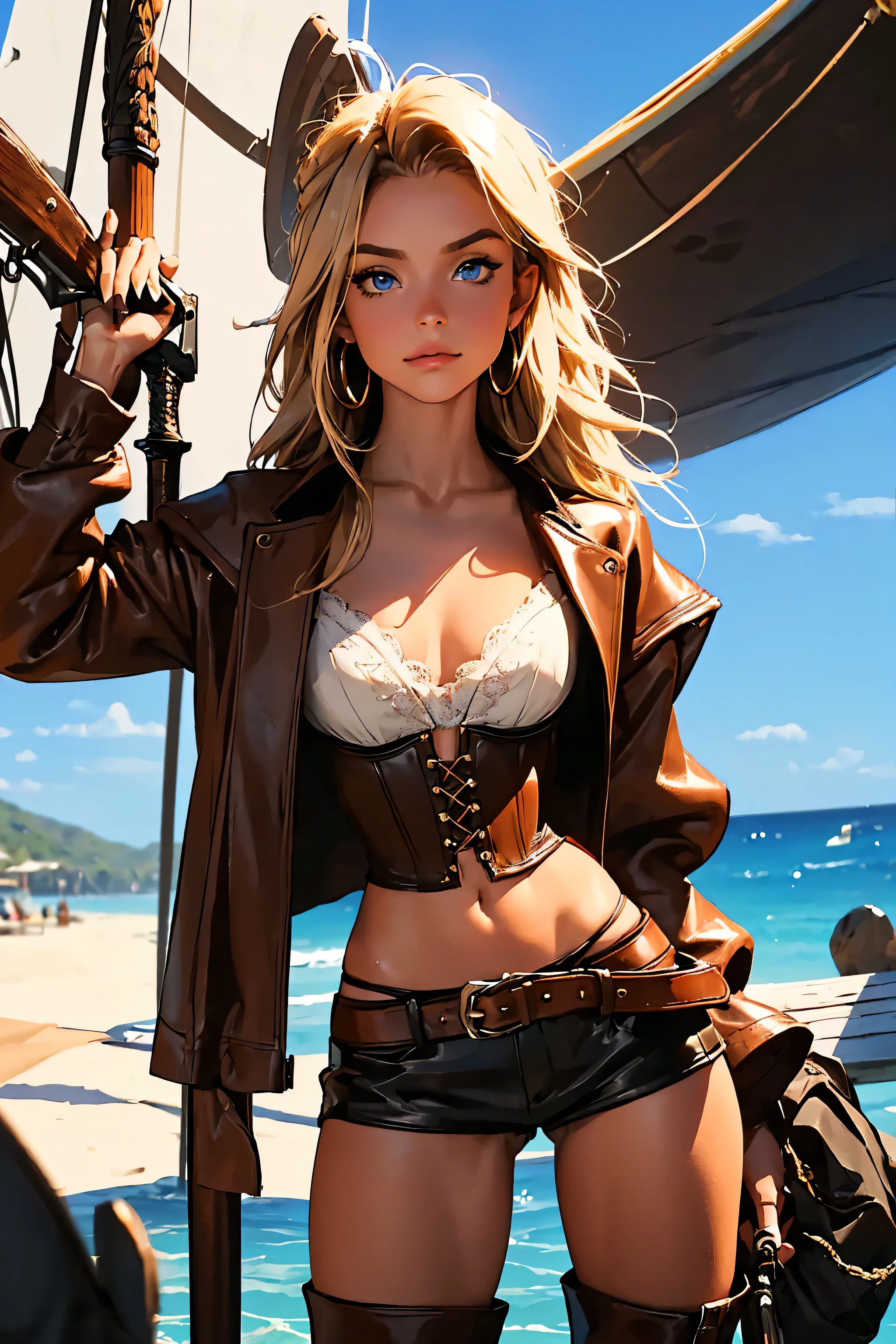 (masterpiece), best quality, expressive eyes, perfect face, (pirate ship background), (standing), (smirk), (closeup view), (1girl, selt, dark skin, tanned skin, blonde hair, boho bob hairstyle, blue eyes, hourglass figure, thin body, skinny body, petite_body, medium breasts, thick thighs, long fingernails,, white front lace blouse, long sleeve, loose fit, brown leather corset, brown leather shorts, brown boots, sheathed cutlass sword, flintlock pistol in holster, hoop earrings, miscellaneous jewelry)