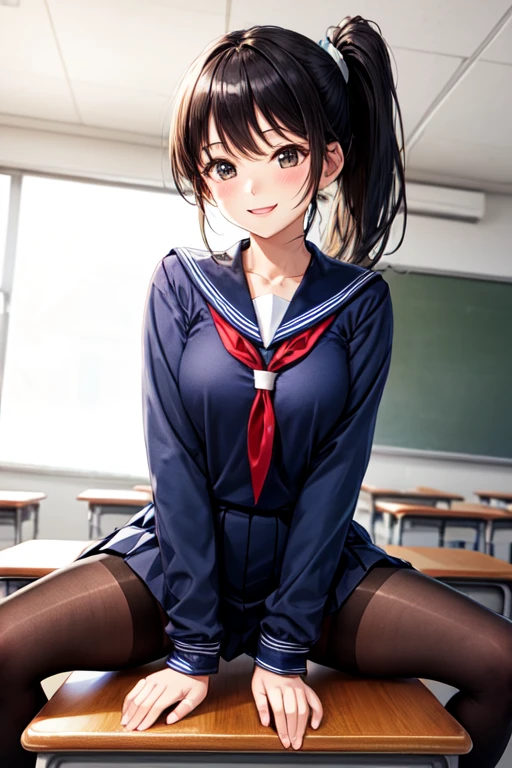 Second dimension beautiful girl、Navy blue sailor suit、black tights、smile、Spread your legs on top、Black Hair、ponytail、classroom、Sit at a desk