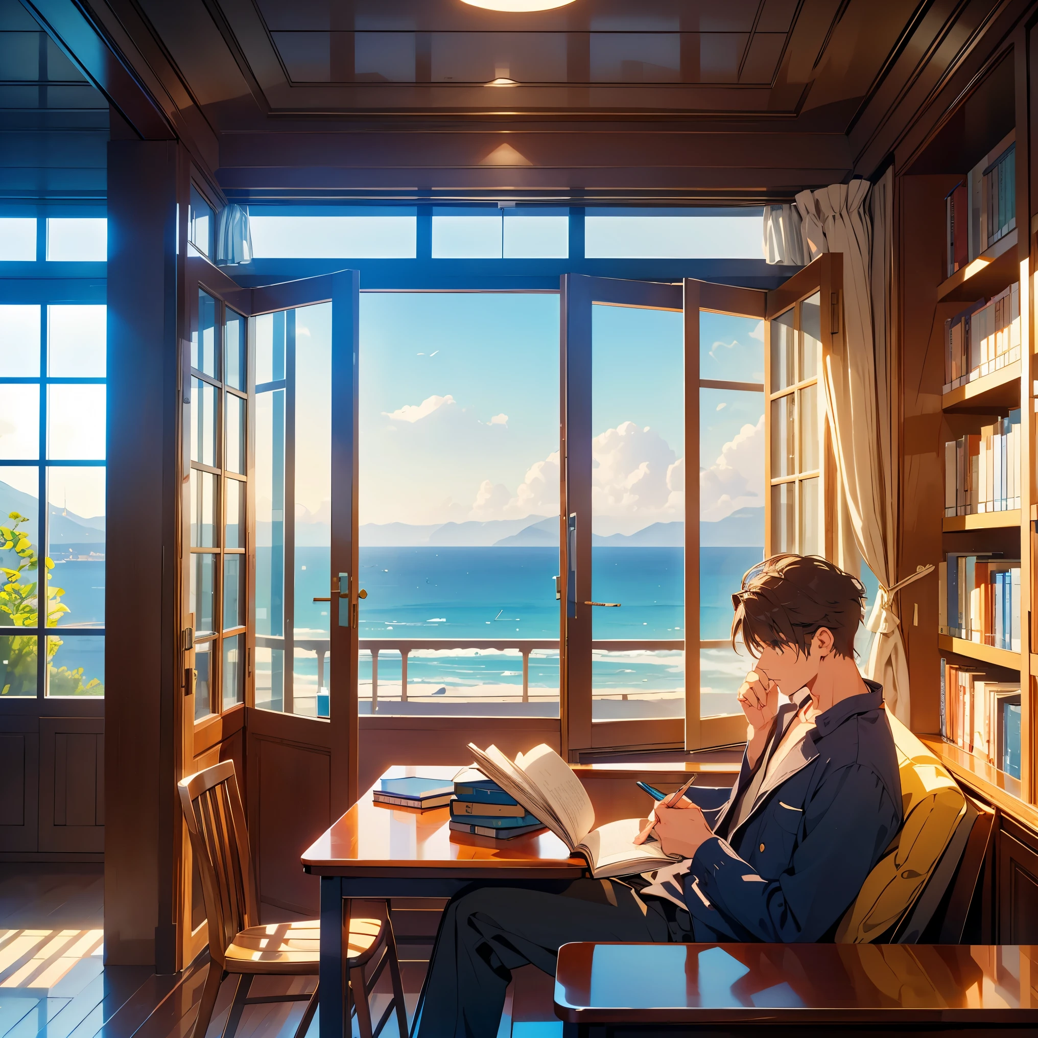 Man, reading a book, library, window overlooking the sea view, high detail, accuracy