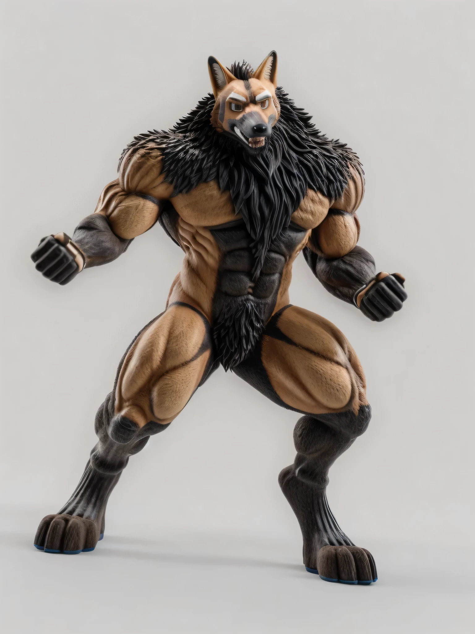 3D printed anthro maned wolf, muscular, sexy , white background