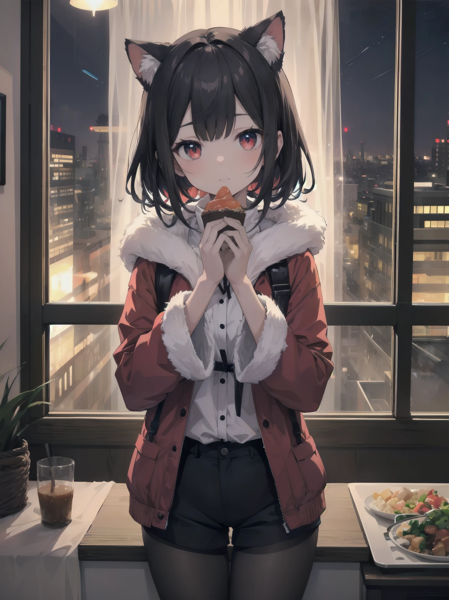 cute娘, One girl, 猫耳Food, ((cute)), masterpiece, highest quality, Perfect Face, Foodie, Food, look up, both hands, thin, fur, comfortable, warm, window, night, long Foodie, no_pants, 4K, wallpaper, close, Digital Art, Anime Style, Beautiful Eyes, Intimate, detailed, warm colors, Red eyes、Black pantyhose