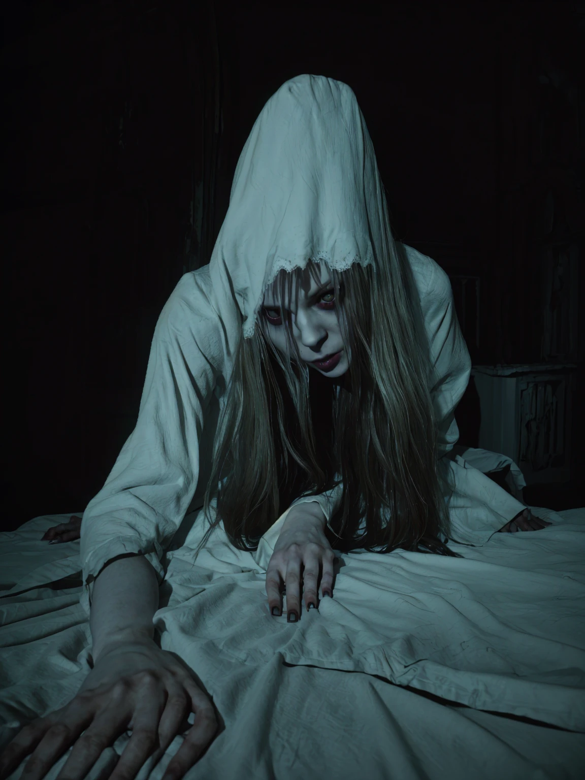 arafed woman in white dress laying on bed with cell phone, vampire queen, samara weaving vampire, film still from a horror movie, evil woman, scary ghost, still from horror movie, scaring, horror photography, pale young ghost girl, horror photo, horror dramatic moment, scary picture, sinister photo, scary pose, woman vampire