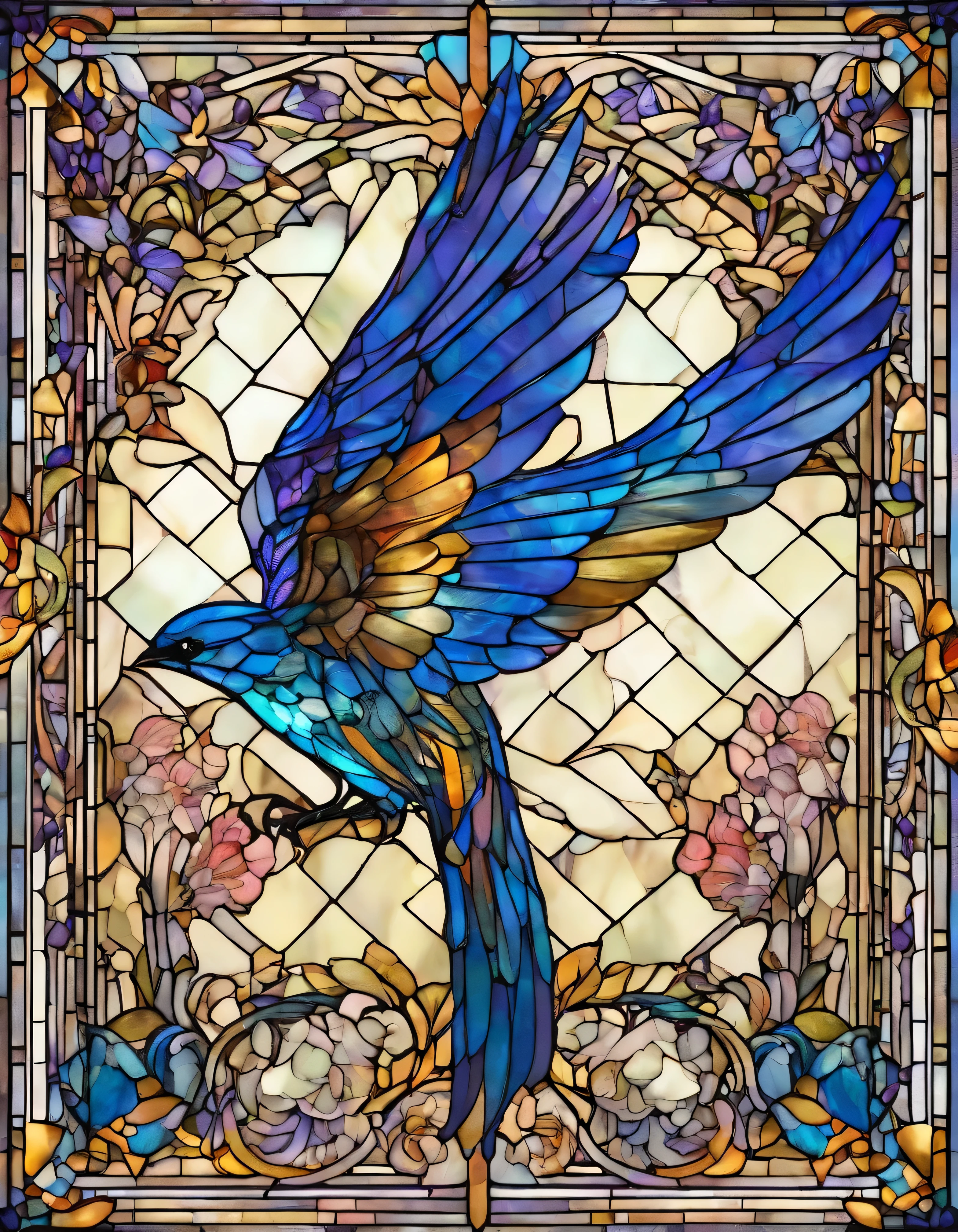blue bird 、Transparent glass、very elaborate stained glass、Amethyst Crystal, Iridescent Labradorite Crystals、Intricate and highly detailed backgrounds, Fantasy, Craftsmanship, Craftsmanship detailed, Complex