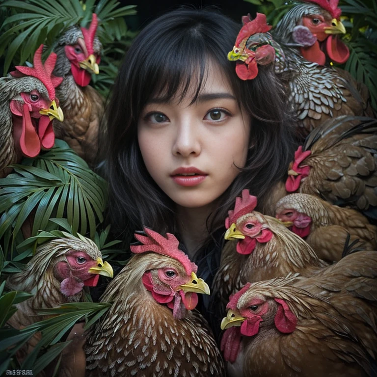 (highest quality、Super detailed、Real:1.37)、(professional、Bright colors)、(Portrait)、((Human-faced chicken:1.7))、(Beautiful detailed eyes、Beautiful detailed lips、Highly detailed eyes and face)、(Dark Night Road、Dimly lit road)、(media: oil)、(Fine feather detail、Captivating colorysterious atmosphere)、(Studio Lighting)