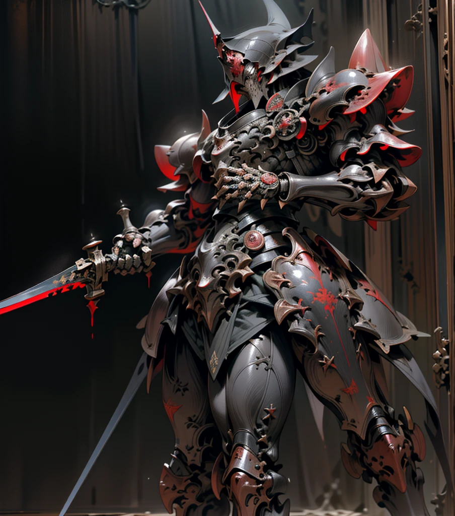 arafed knight standing in a dark room with a sword, burnt armor, black fire color reflected armor, steampunk bioarmor, redwood forest themed armor, demonic dragon inspired armor, corrupted armor, gothic armor, black and reddish color armor, cyberpunk flame suit, prince crown of black gears, zombie cyborg, demonic! compedium!, black leather armour, black gears, fire sword, (solo), (1man)