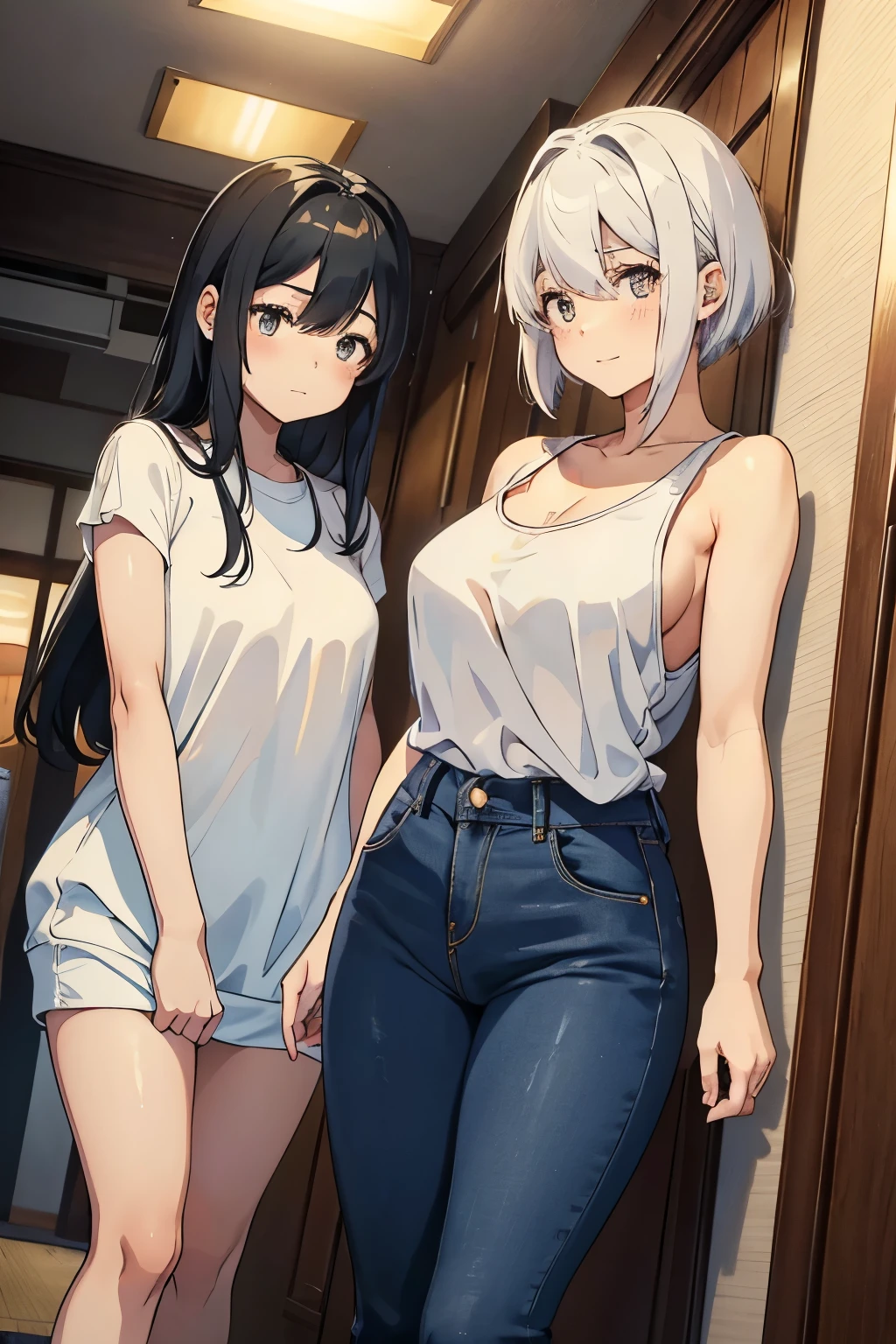 In the dim light of a cloudy Japanese sky, the image unfolds a poignant scene. Two young individuals, one, a  -yeld wicascading white hair, dressed in an oversized shirt and jeans, exhibits a sad expression. Her stature is small, and her breasts are minimal, underlining her youthfulness.

Standing next to her, towering over her, is a 25-year-old with black hair that falls loosely around her shoulders. She wears a fitting loose tank top, unveiling her ample bust line, and, intriguingly, she lacks undergarments. Her smile is radiant, yet