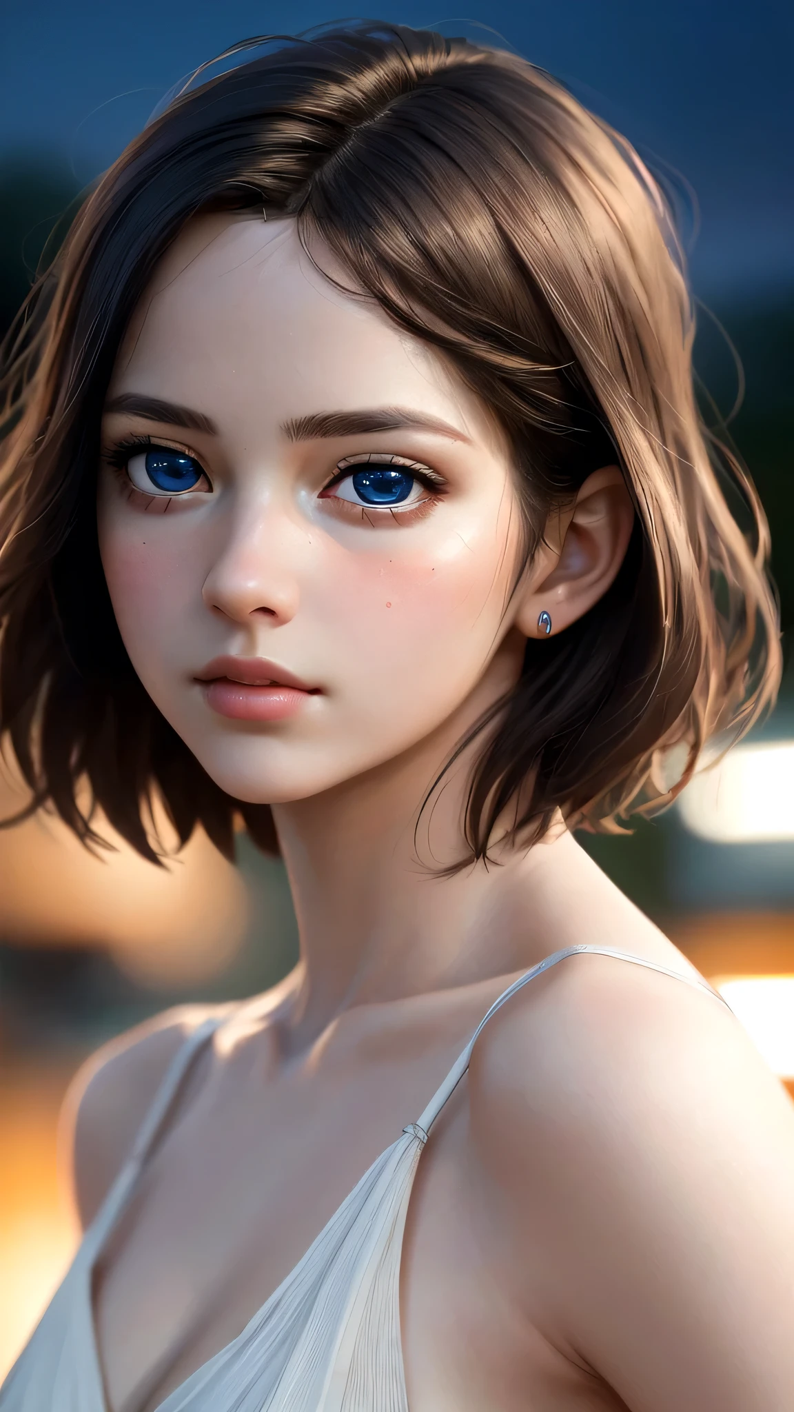 (sfw:1.8),Real、8K、(masterpiece), (Very complicated:1.3), (Realistic), 1 female、Woman portrait、28 years old、round face、Blue Eyes、Close-up of face、Big Eyes、Drooping eyes、 short hair、The most beautiful in the world,, White skin、delicate、 Upper Body, night、Strong lighting on the face, Detailed professional photos of beautiful women, Sharp focus, Cinema Lighting,  rendering ,  ( Blurred Background, Depth of written boundary),((Realistic)), ((Sharp focus)), (Highest Resolution), ((masterpiece)), Professional Cinema Lighting