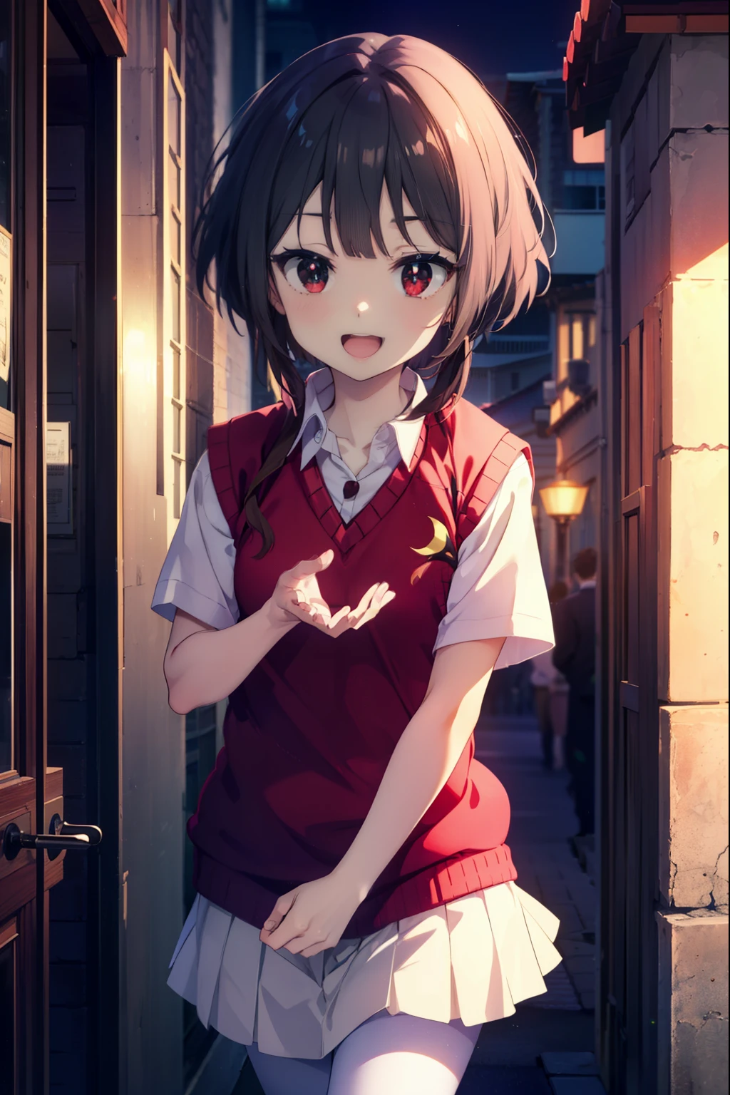 konosubaMegumin, Megumin, short hair, Black Hair, (Red eyes:1.3), short hair with long locks,happy smile, smile, Open your mouth,
White Sailor Suit,Short sleeve,Sweater vest, (red Sweater vest:1.5),White Thailand,black pleated skirt,White pantyhose,Black Loafers,whole bodyがイラストに入るように,morning,morning陽,The sun is rising,Walking,
break outdoor, In town,Building district,crowd, people々々々,
break looking at viewer, whole body,
break (masterpiece:1.2), highest quality, High resolution, unity 8k wallpaper, (shape:0.8), (Beautiful and beautiful eyes:1.6), Highly detailed face, Perfect lighting, Extremely detailed CG, (Perfect hands, Perfect Anatomy),