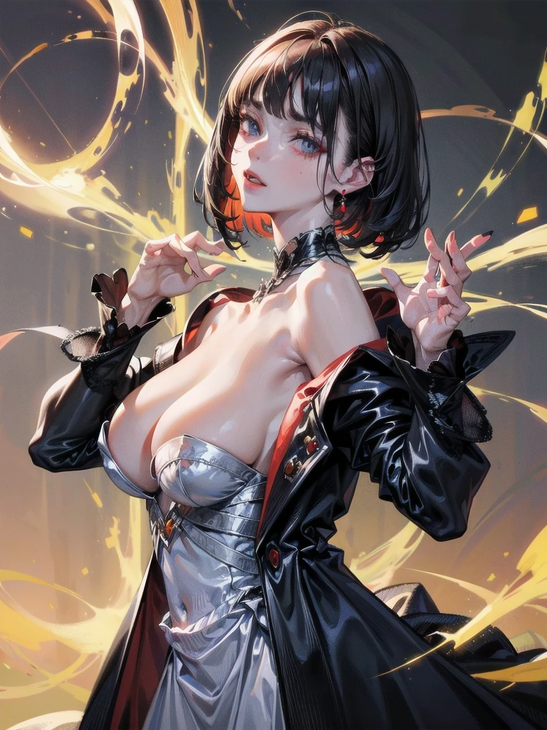 vampire woman, Victorian dress, absurdres, RAW photo, extremely delicate and beautiful, masterpiece, Best Quality, ultra high resolution, 32k, hyperrealistic, ultra-detailed, detailed description, pale skin, 20 years old, tearful mole, earring, Colossal tits, short medium hair, wavy hair, full body shot,