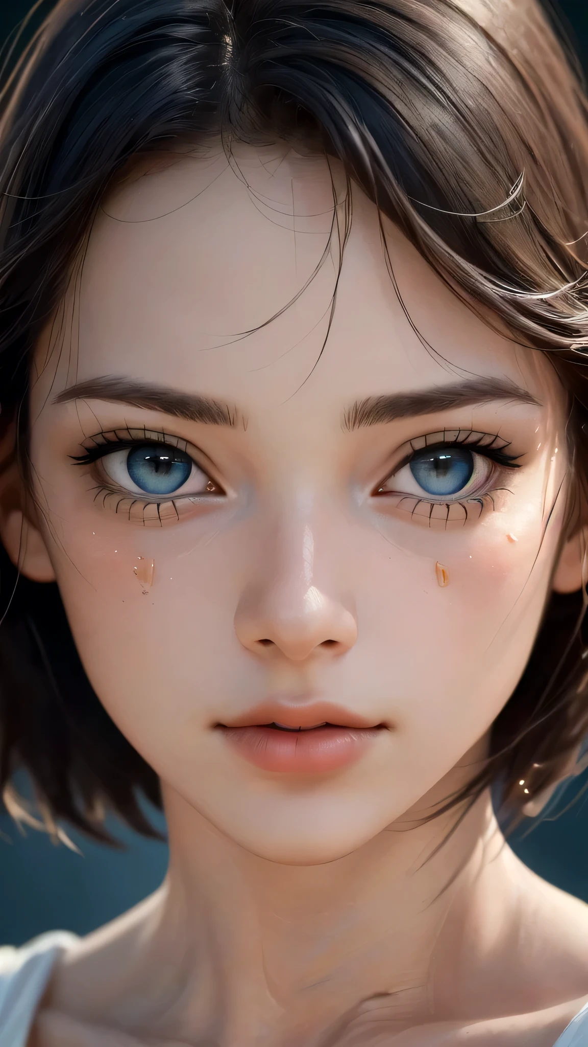 (sfw:1.8),Real、8K、(masterpiece), (Very complicated:1.3), (Realistic), 1 female、Woman portrait、28 years old、round face、Blue Eyes、(Close-up of face:1.8)、Big Eyes、Drooping eyes、 short hair、The most beautiful in the world,, White skin、delicate、 Upper Body, night、Strong lighting on the face, Detailed professional photos of beautiful women, Sharp focus, Cinema Lighting,  rendering ,  ( Blurred Background, Depth of written boundary),((Realistic)), ((Sharp focus)), (Highest Resolution), ((masterpiece)), Professional Cinema Lighting